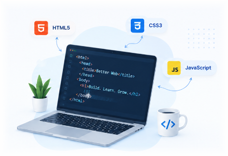 Developer Laptop showcasing HTML5, CSS3, JavaScript